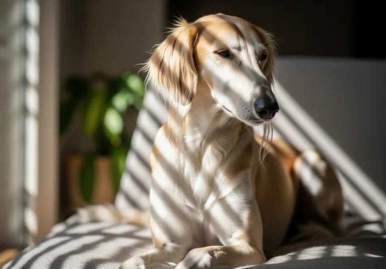 Saluki leżący w cieniu promieni słonecznych wpadających przez okno.