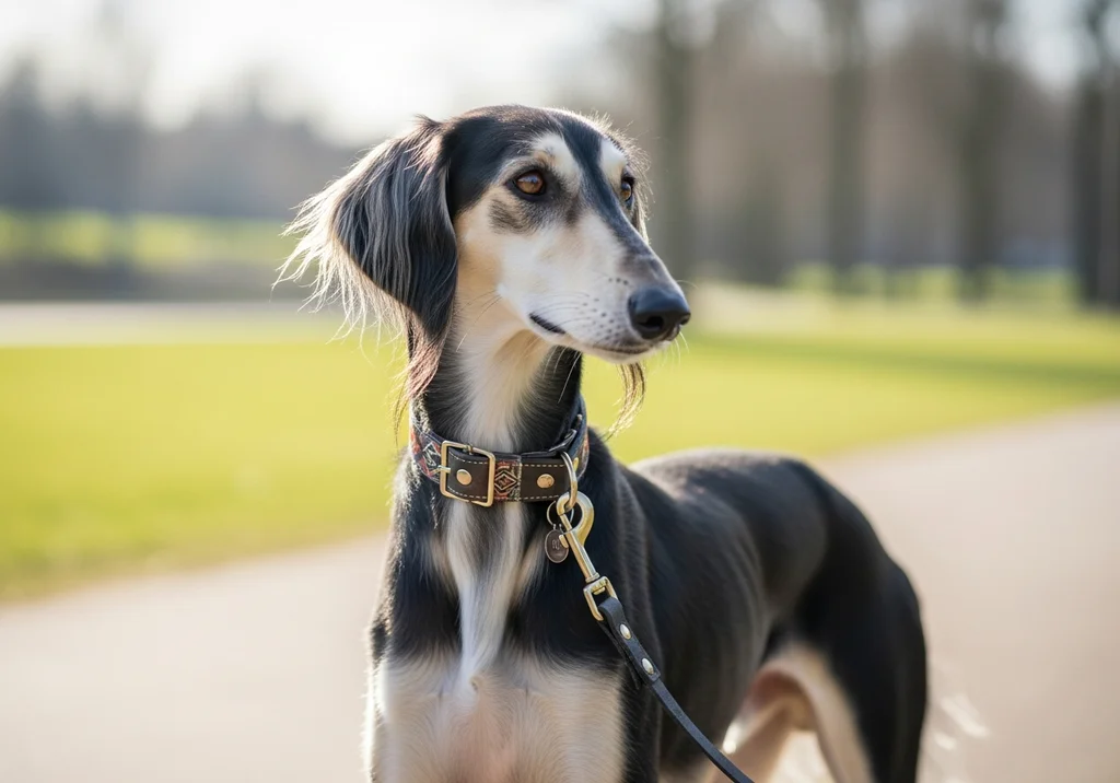 Portret saluki w ozdobnej obroży, z wyeksponowanym pyskiem i elegancką sierścią.