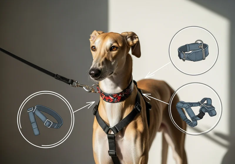 Chart saluki w obroży i szelkach z zaznaczonymi akcesoriami.