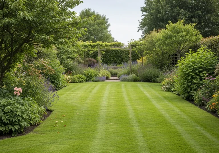 Szeroki trawnik w wypielęgnowanym ogrodzie z ukwieconymi rabatami po bokach.