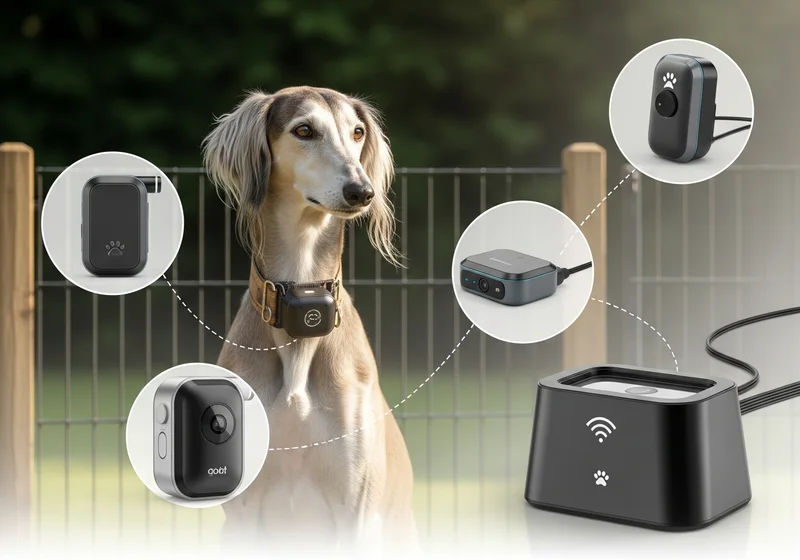 Saluki z obrożą monitorującą i akcesoriami do śledzenia i bezpieczeństwa.