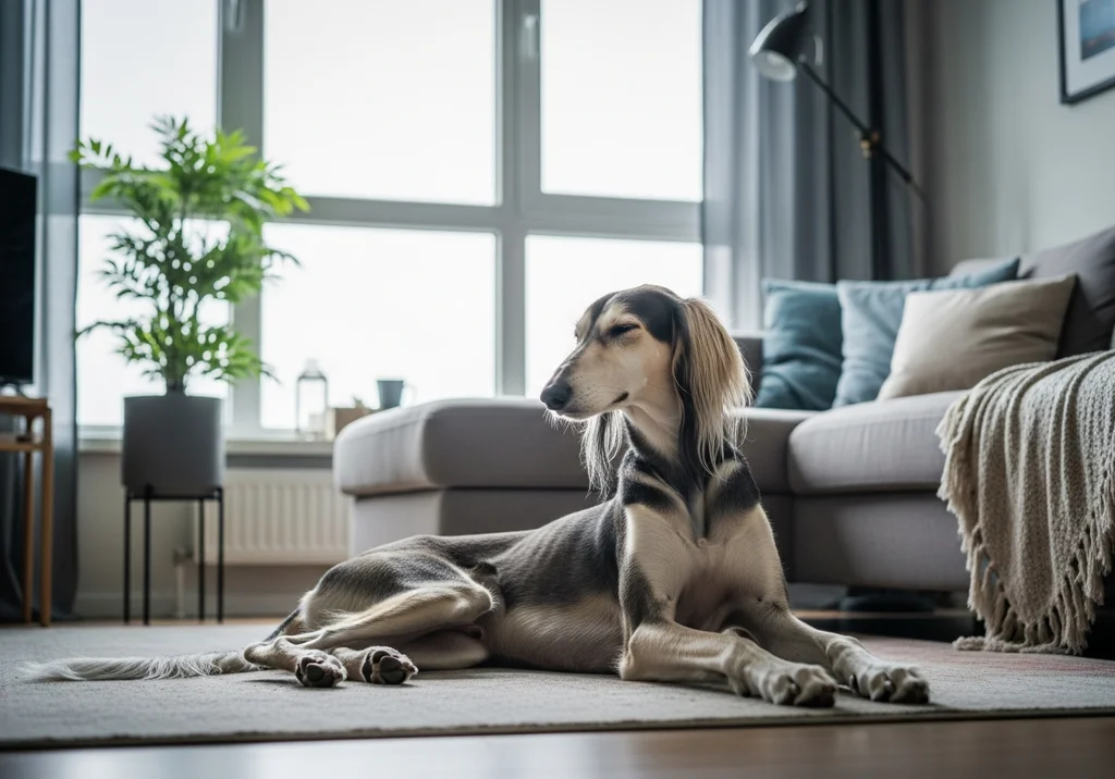 Saluki leżący na dywanie obok sofy w jasnym mieszkaniu.