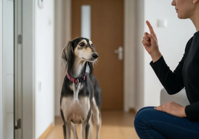 Saluki słucha poleceń właścicielki, trenując posłuszeństwo w domu.