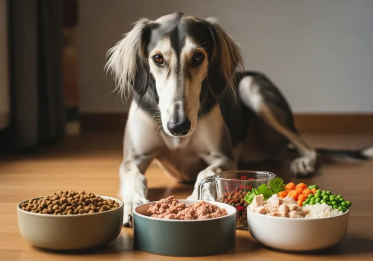 Saluki leży przed miskami z różnymi rodzajami karmy dla psów: suchą, mokrą, mieszaną z warzywami.