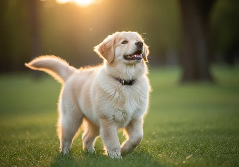 Złoty retriever szczeniak w słońcu, na trawie.