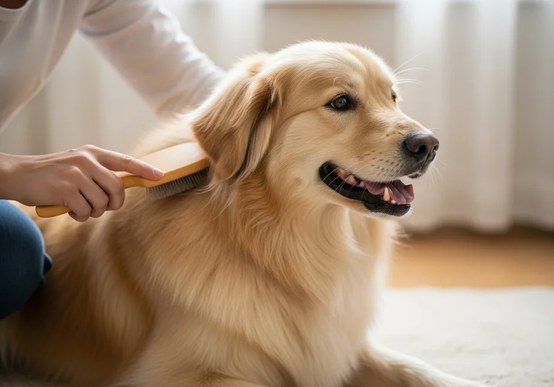 Golden retriever jest szczotkowany z żółtą szczotką do włosów.