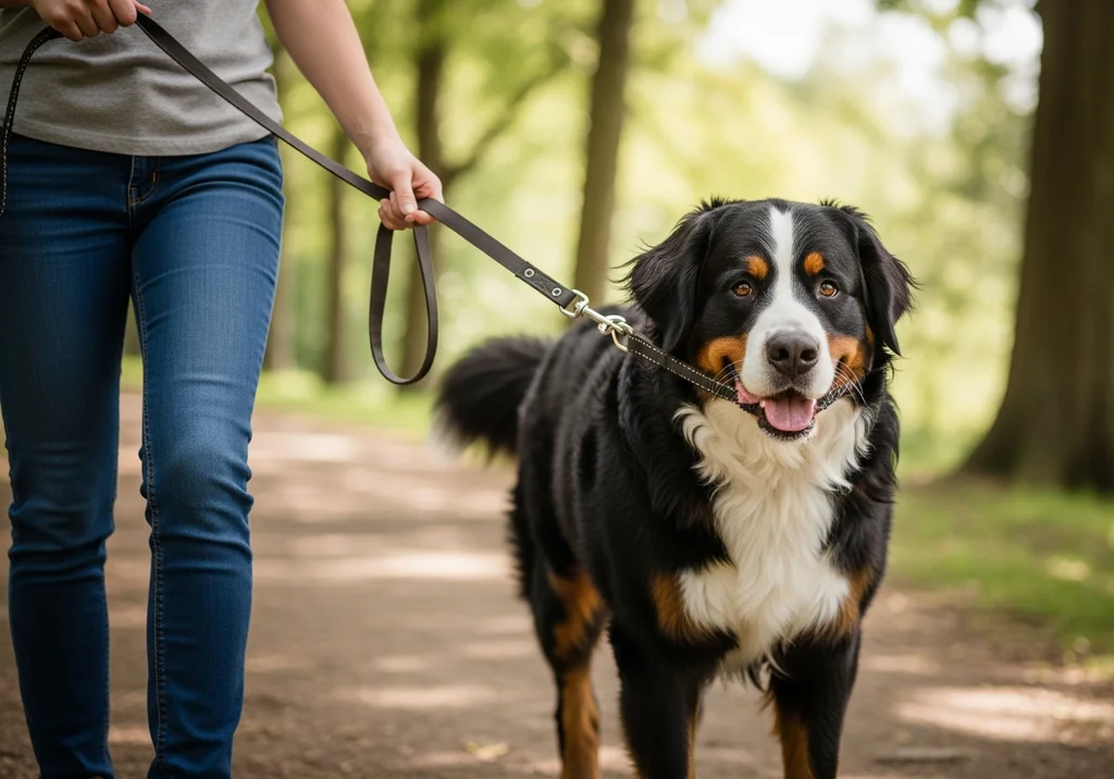 Berneński pies pasterski na smyczy podczas spaceru w lesie.