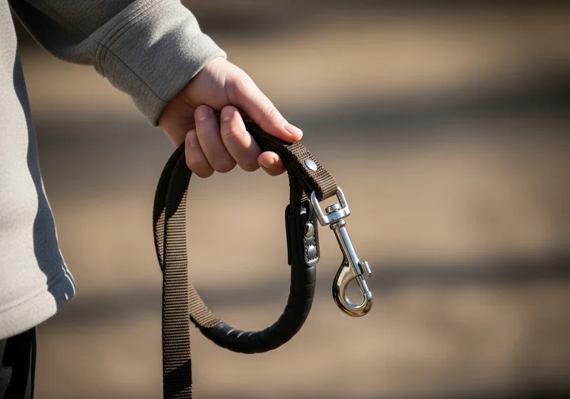 Dłoń trzyma smycz z metalowym karabińczykiem.