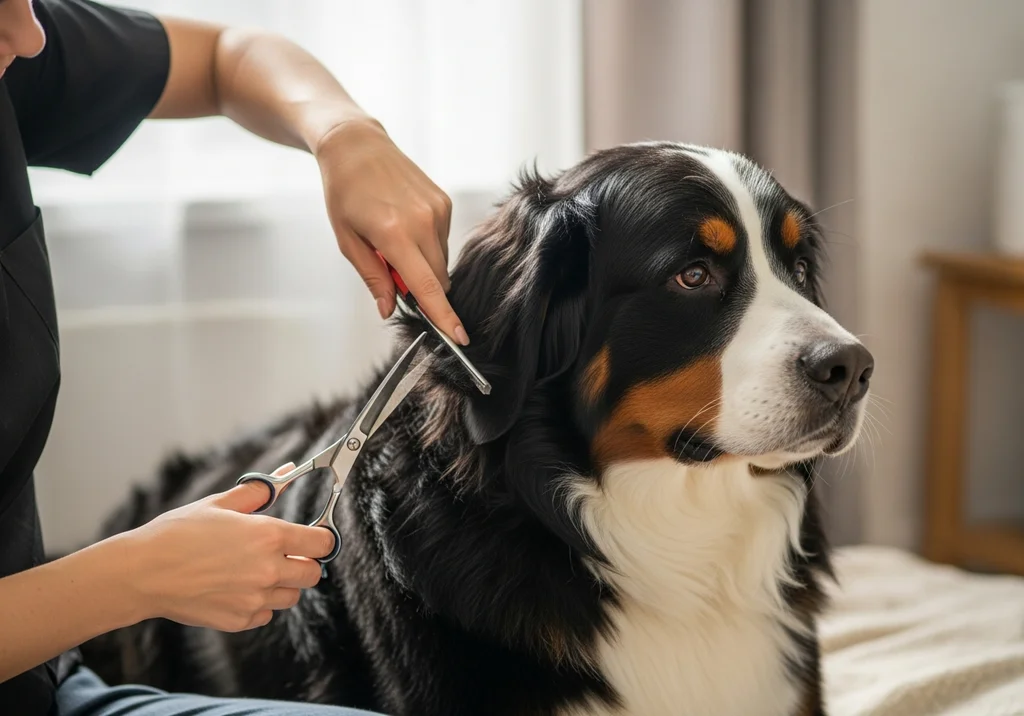Berneńczyk z przycinaną sierścią uszu przez groomera z użyciem nożyczek.