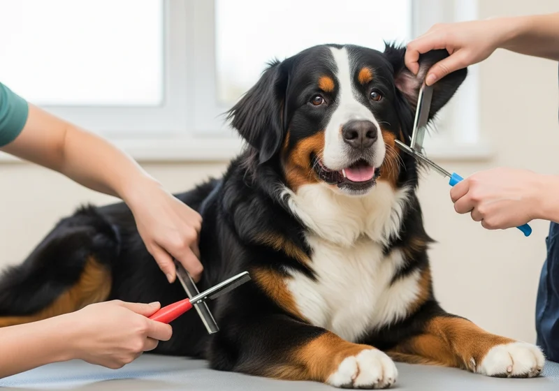 Groomerzy strzygą i czeszą berneńczyka, poprawiając jego higienę i komfort.