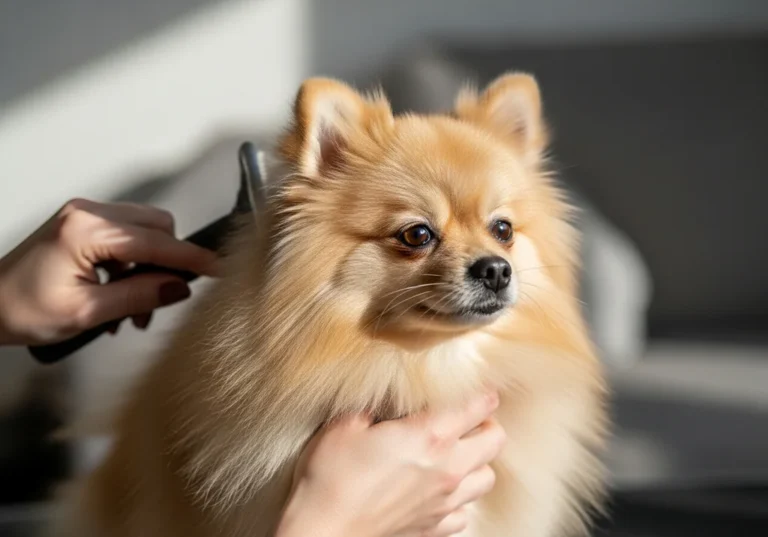 Szpic miniaturowy jest czesany szczotką przez właściciela, co pokazuje pielęgnację sierści.