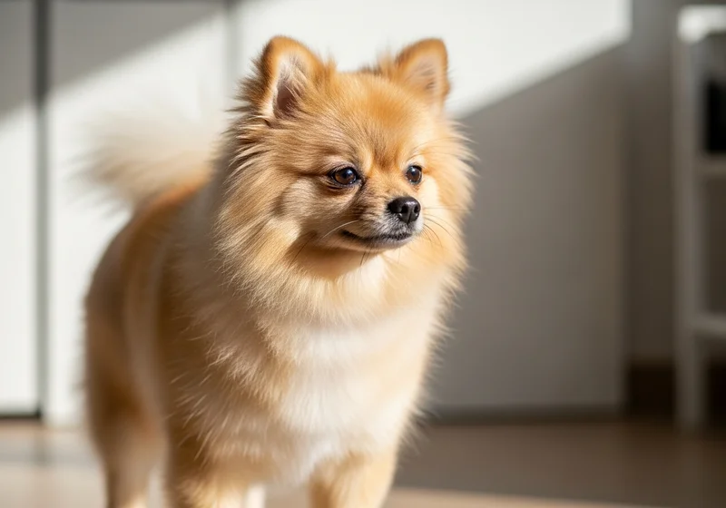 Szpic miniaturowy o złotym futrze z profilu, w promieniach słońca.