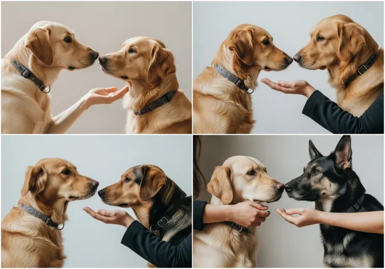 Golden retrieverzy w parach, zbliżają się do siebie lub są karmione przez ręce.