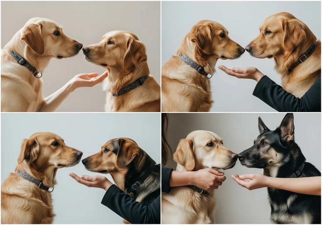 Golden retrieverzy w parach, zbliżają się do siebie lub są karmione przez ręce.