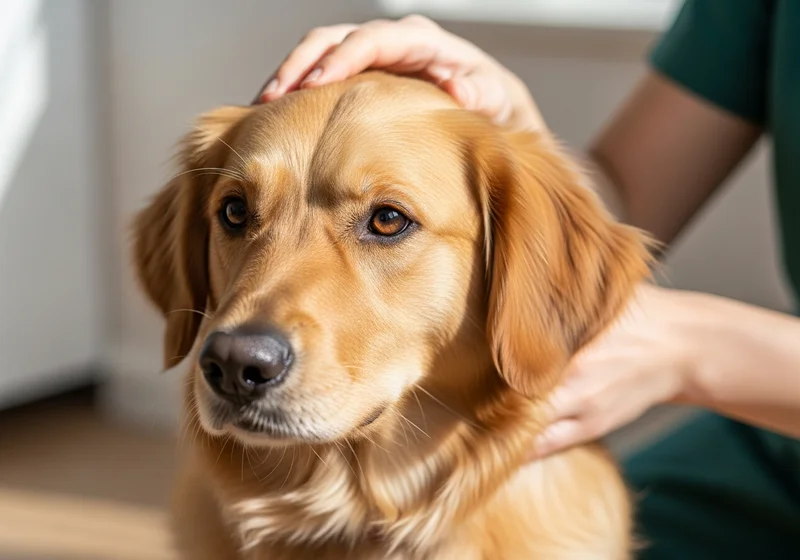 Golden retriever z dłońmi głaszczącymi go po głowie i policzku.
