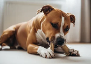 Amstaff gryzie kość.