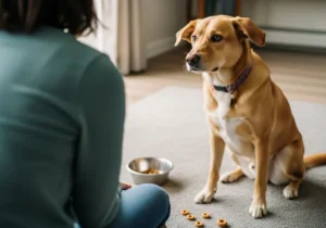 Właściciel obserwujący siedzącego psa na dywanie, obok miska z jedzeniem i rozsypane smakołyki.
