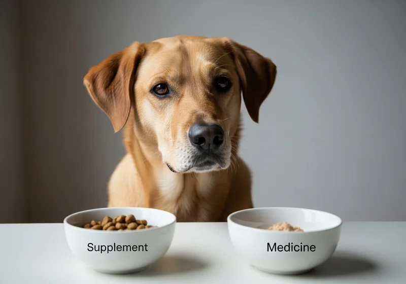Pies przed miskami z napisem 'Supplement' i 'Medicine', ilustrując różnicę w rodzajach preparatów.