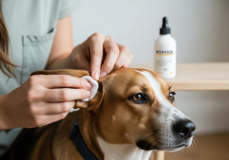 Kobieta czyści małżowinę uszną psa wacikiem. W tle widoczny preparat Borasol.