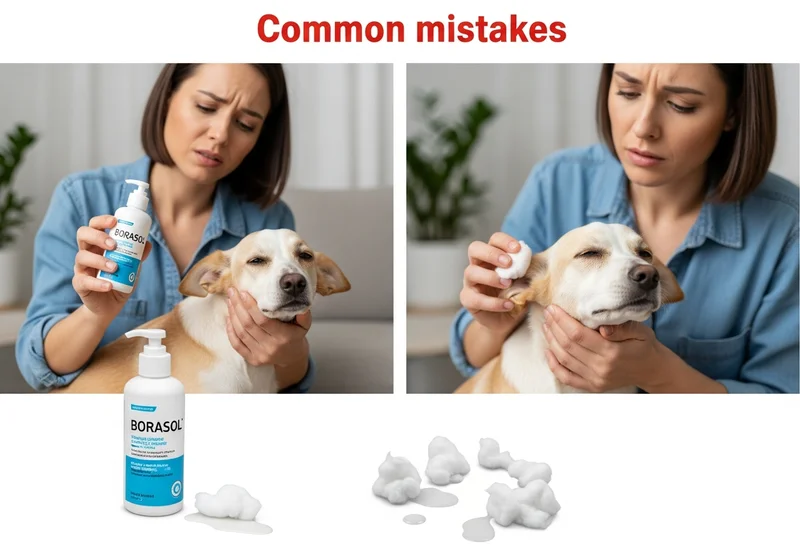 Kobieta nieprawidłowo aplikuje Borasol psu do ucha, widać też resztki preparatu i waty.