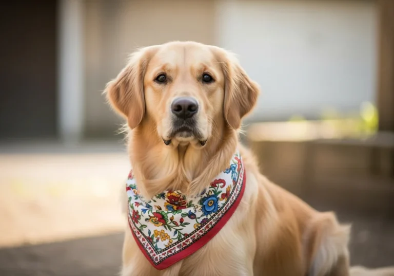 Suczka rasy golden retriever w kolorowej chuście, spokojnie patrząca w obiektyw.