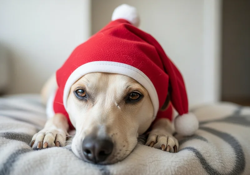 Jasny golden retriever w czapce Mikołaja leży na wzorzystym kocu, zamyślony wzrok skierowany w obiektyw.