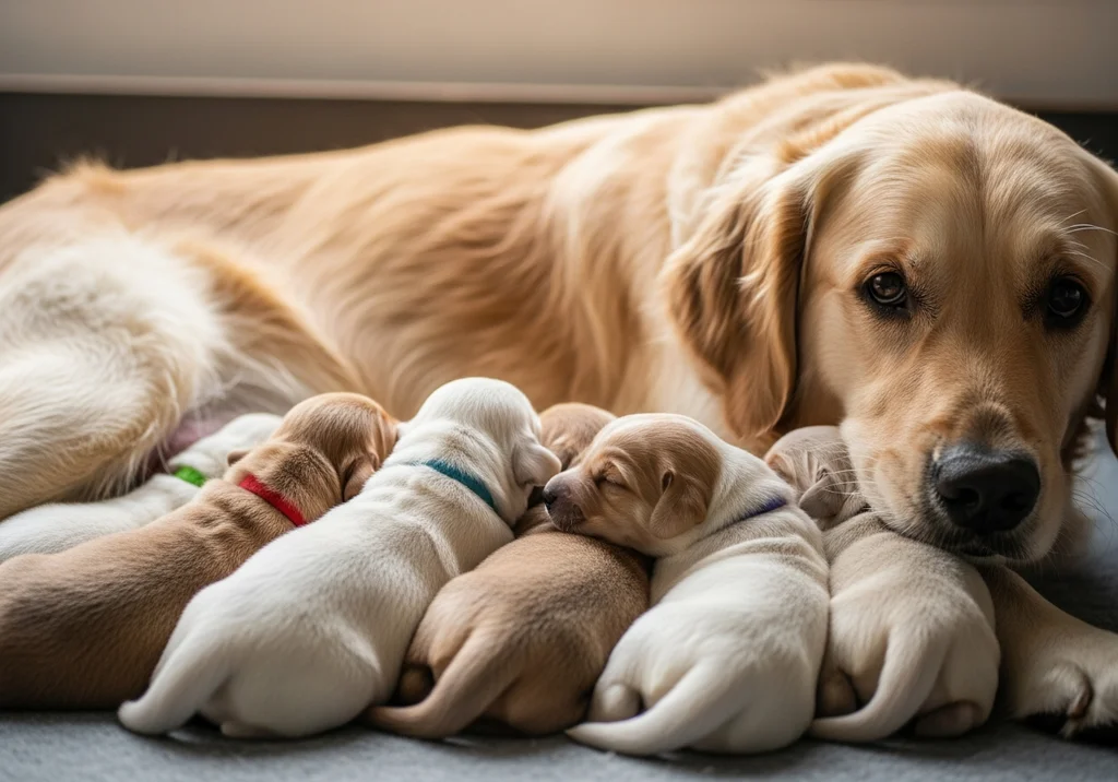 Suka golden retriever czuwa nad swoim miotem śpiących szczeniąt.