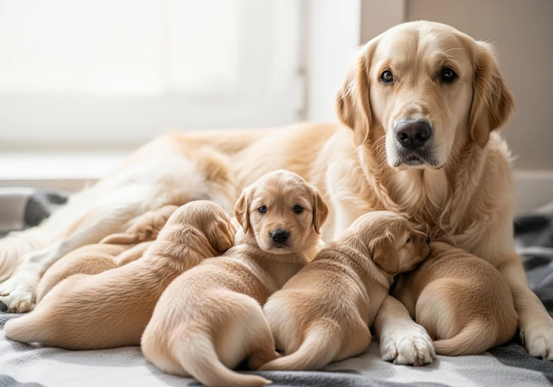 Suka golden retriever leży z gromadką szczeniąt na kocyku.