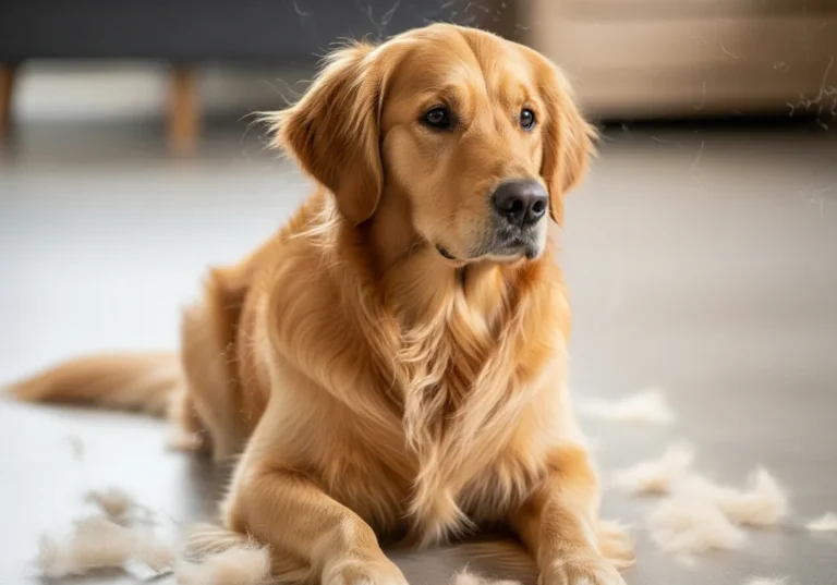 Golden retriever leżący na podłodze, otoczony licznymi kłębami złotej, gubionej sierści.
