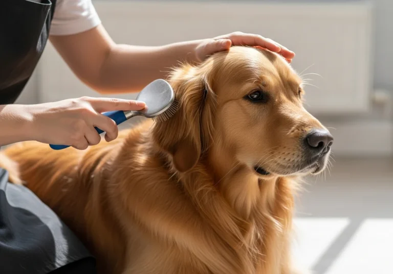 Osoba czesze sierść złotego retrievera szczotką, drugą ręką głaszcze jego głowę.