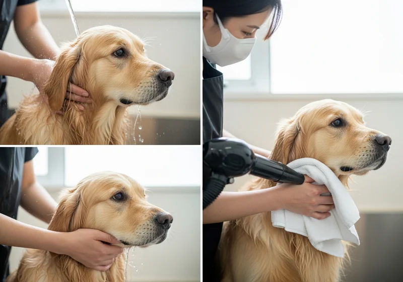 Mycie i suszenie sierści golden retrievera.