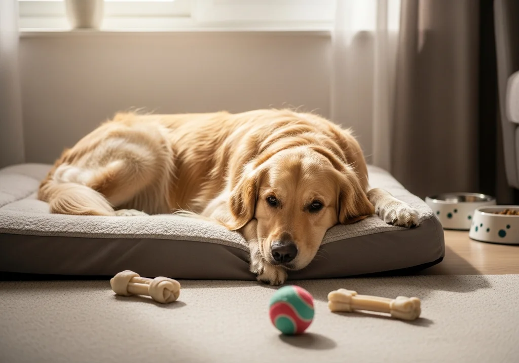 Zrelaksowany golden retriever leżący na legowisku, otoczony zabawkami i miskami, w komfortowym domu.