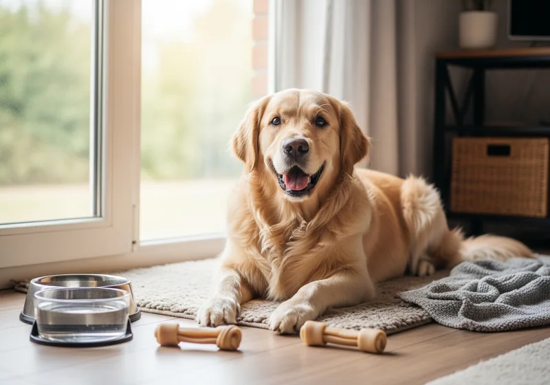 Uśmiechnięty golden retriever leży na dywaniku obok misek z wodą i karmą oraz gryzaków, w słonecznym domu.