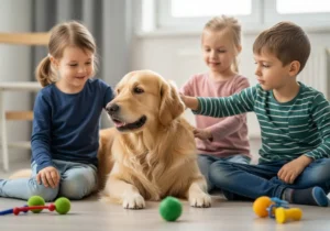 Troje uśmiechniętych dzieci delikatnie głaszcze leżącego golden retrievera na podłodze w domu.