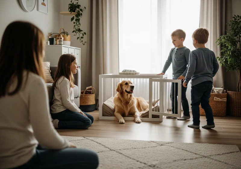 Golden retriever w boksie, odpoczywa, podczas gdy dzieci obserwują, szanując jego bezpieczną strefę.