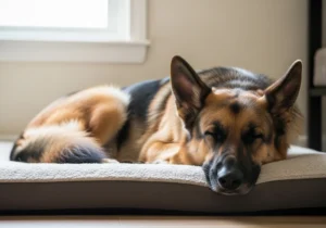 Czarny i podpalany owczarek niemiecki śpi spokojnie na beżowym legowisku.