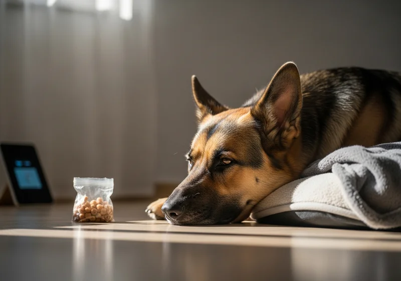 Owczarek niemiecki leży na podłodze, obok smakołyki w torebce i ekran tabletu.