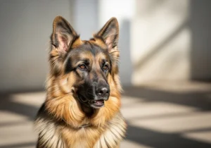Długowłosy owczarek niemiecki z czarno-brązowym umaszczeniem, patrzący w bok, w naturalnym świetle.