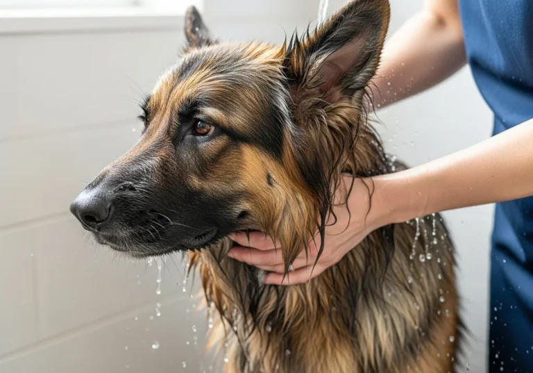 Mokry owczarek niemiecki długowłosy podczas kąpieli, woda spływa z sierści.