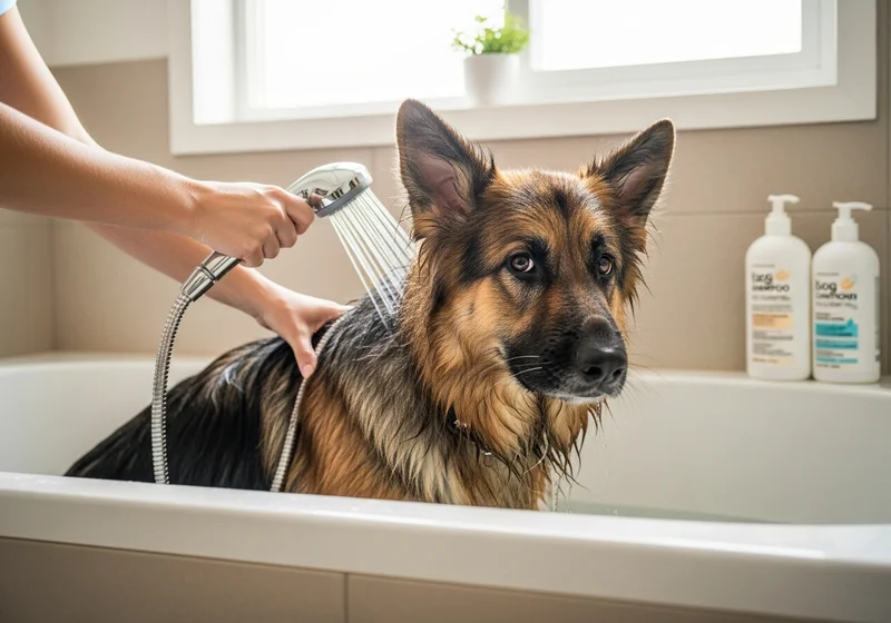Owczarek niemiecki długowłosy kąpany w wannie. Osoba spłukuje jego sierść prysznicem, pies patrzy wprost, lekko zaniepokojony.