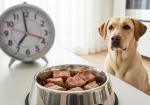 Labrador czeka na swoją miskę z ugotowaną wieprzowiną i karmą. W tle rozmyty zegar wskazuje porę posiłku.