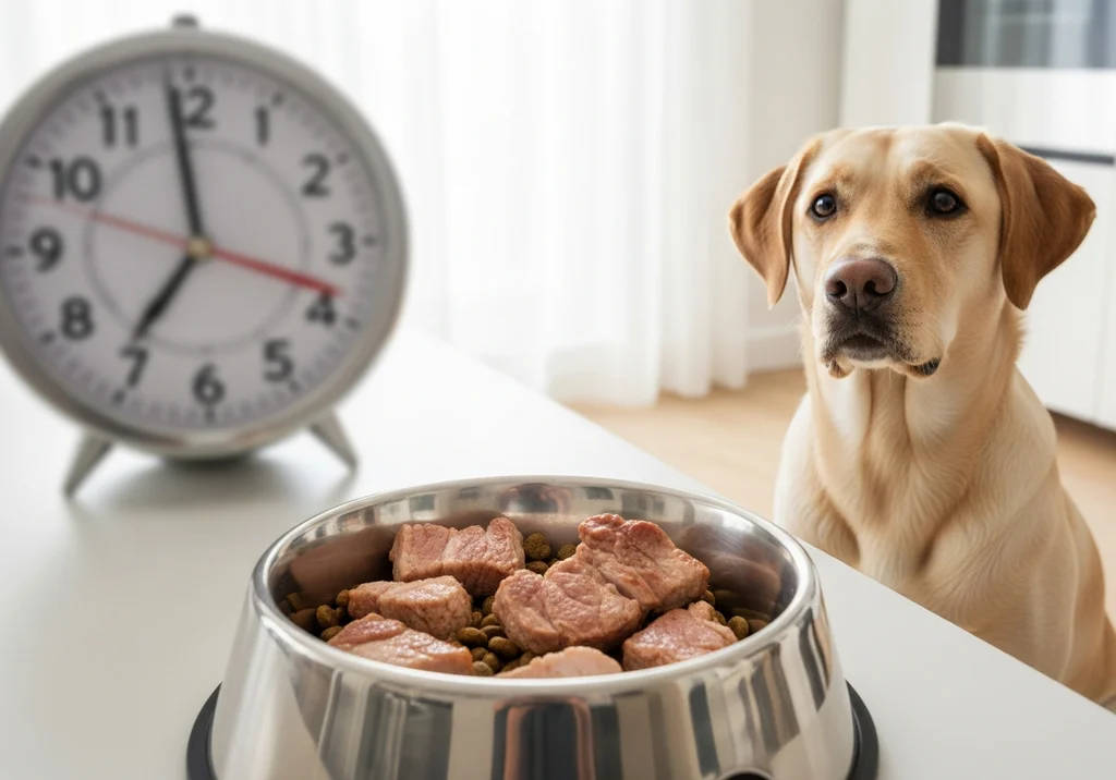 Labrador czeka na swoją miskę z ugotowaną wieprzowiną i karmą. W tle rozmyty zegar wskazuje porę posiłku.