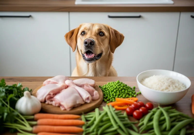 Labrador patrzy na surowy kurczak, warzywa i ryż na blacie kuchennym, czekając na przygotowany posiłek.