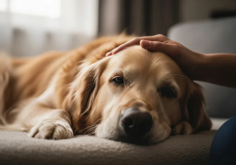 Golden retriever leży spokojnie, ludzka dłoń głaszcze go po głowie. Ukojenie w trudnych chwilach.