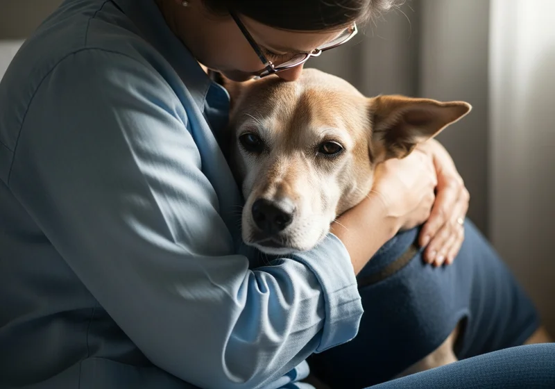 Opiekunka w okularach czule przytula swojego psa, oferując mu komfort i wsparcie w ostatnich chwilach.