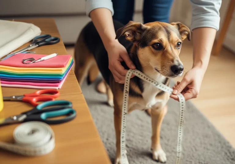 Pomiar szyi psa taśmą krawiecką przed szyciem ubranka; na stole kolorowe tkaniny.