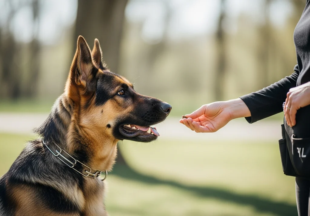 Owczarek niemiecki otrzymuje smakołyk z ręki. Ilustracja pozytywnego wzmocnienia w treningu psa.