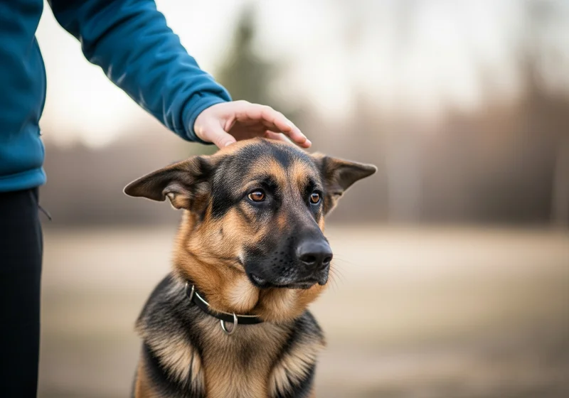 Ręka człowieka delikatnie głaszcze po głowie spokojnego owczarka niemieckiego.