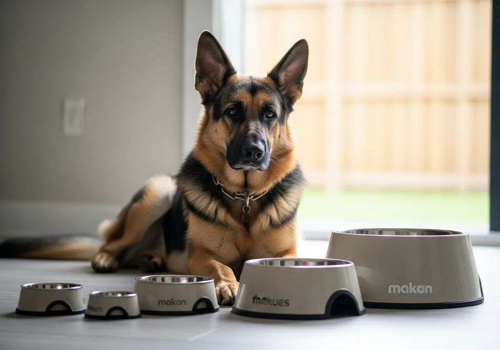 Owczarek niemiecki i zestaw beżowych misek o różnej pojemności do jedzenia lub picia.