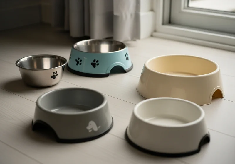Puste miski dla psów w różnych rozmiarach i kolorach na podłodze: stalowa, niebieska w łapki, kremowa, szara, biała.
